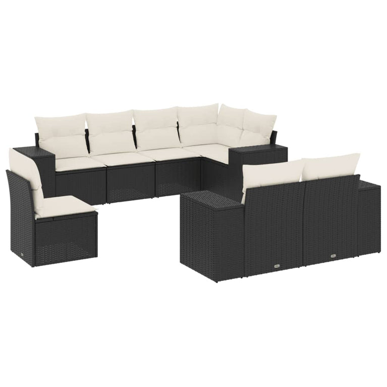 8-delige Loungeset met kussens poly rattan zwart