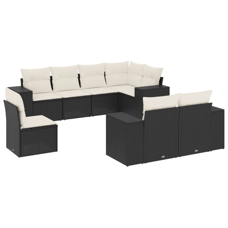 8-delige Loungeset met kussens poly rattan zwart