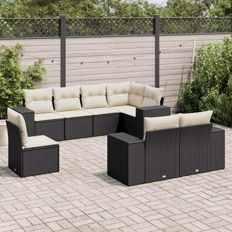 8-delige Loungeset met kussens poly rattan zwart