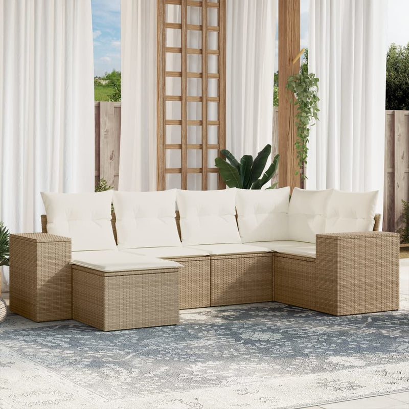 6-delige Loungeset met kussens poly rattan beige
