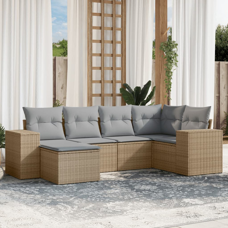 6-delige Loungeset met kussens poly rattan beige
