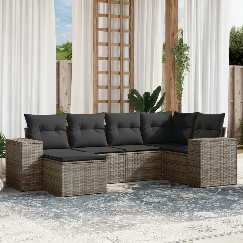 6-delige Loungeset met kussens poly rattan grijs