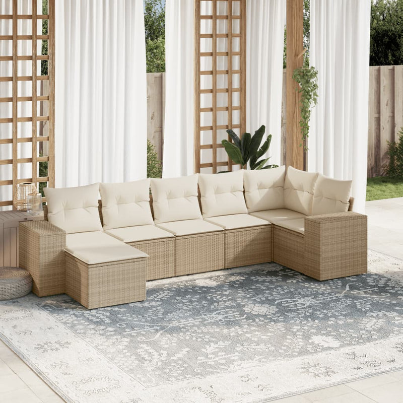 7-delige Loungeset met kussens poly rattan beige