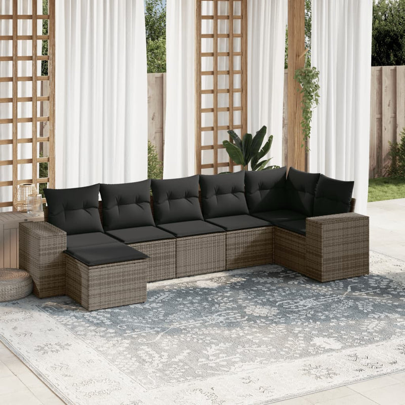 7-delige Loungeset met kussens poly rattan grijs