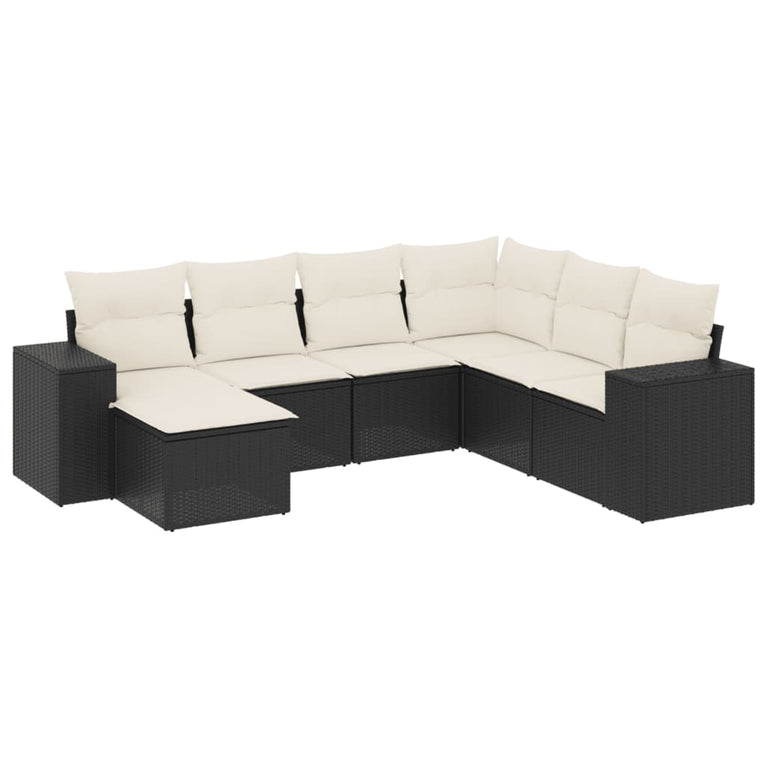 7-delige Loungeset met kussens poly rattan zwart