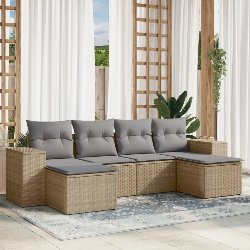 6-delige Loungeset met kussens poly rattan beige