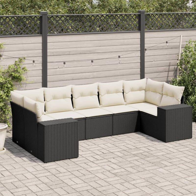 7-delige Loungeset met kussens poly rattan zwart