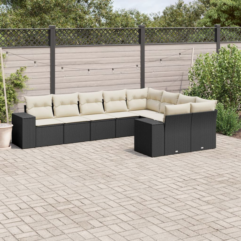 9-delige Loungeset met kussens poly rattan zwart