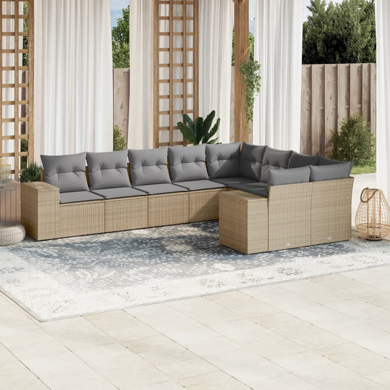 9-delige Loungeset met kussens poly rattan beige