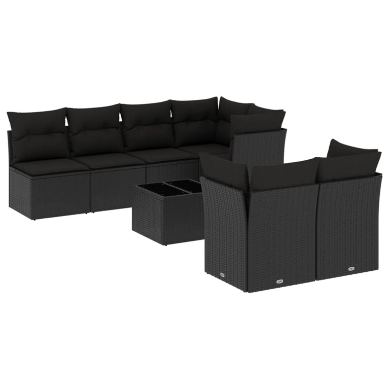 8-delige Loungeset met kussens poly rattan zwart