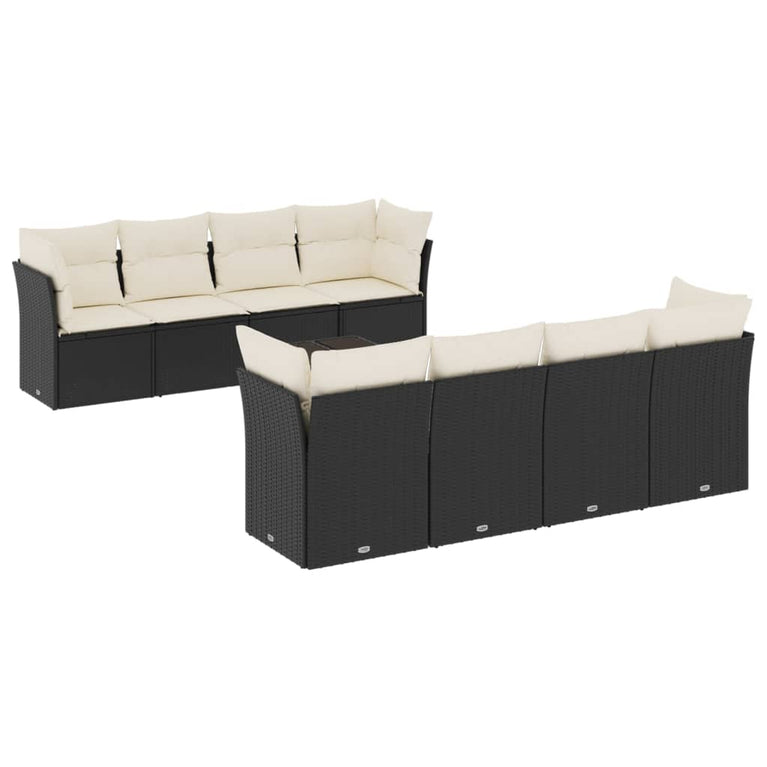 9-delige Loungeset met kussens poly rattan zwart