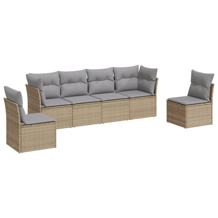 6-delige Loungeset met kussens poly rattan beige