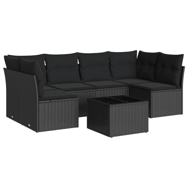 7-delige Loungeset met kussens poly rattan zwart