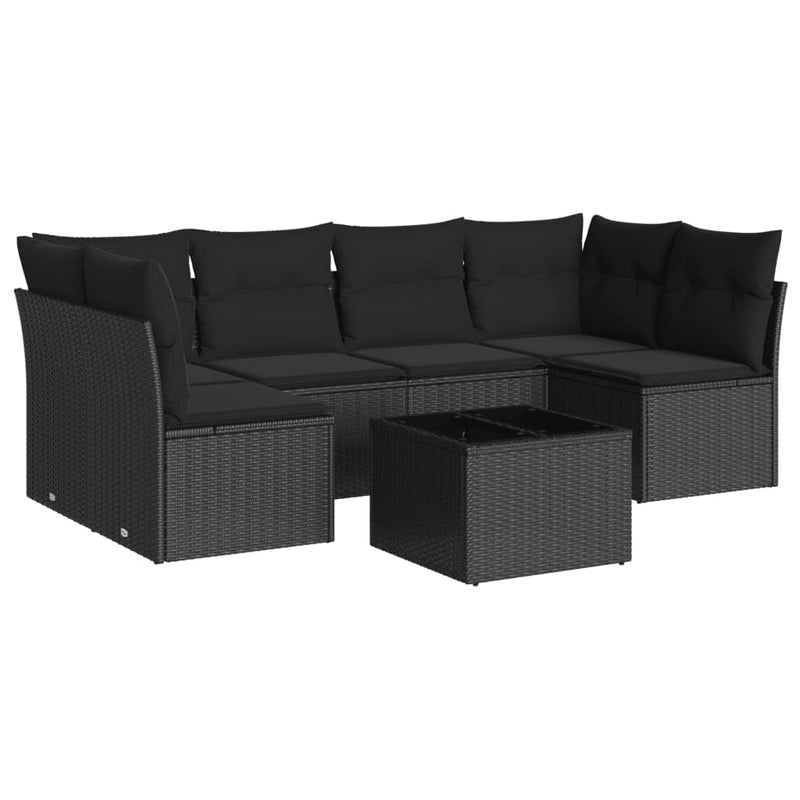 7-delige Loungeset met kussens poly rattan zwart
