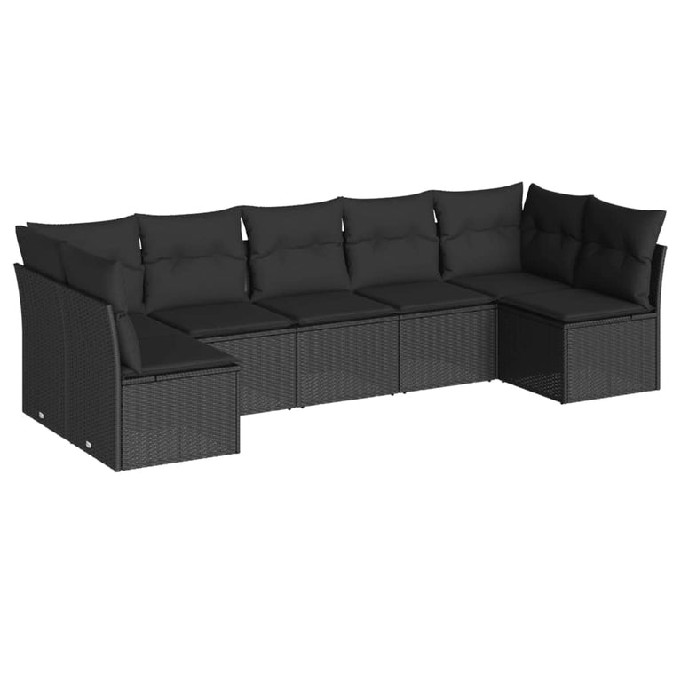 7-delige Loungeset met kussens poly rattan zwart