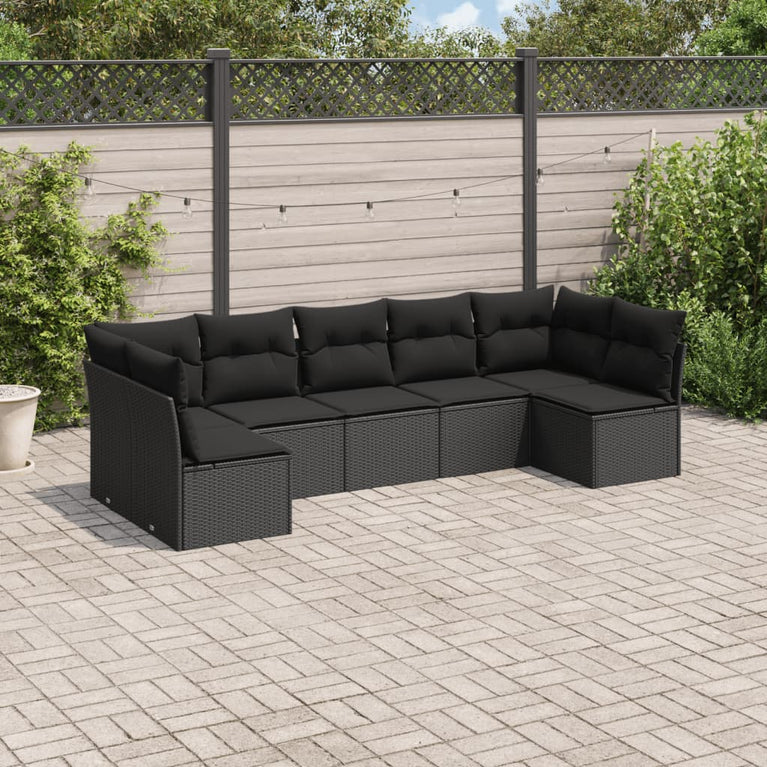 7-delige Loungeset met kussens poly rattan zwart