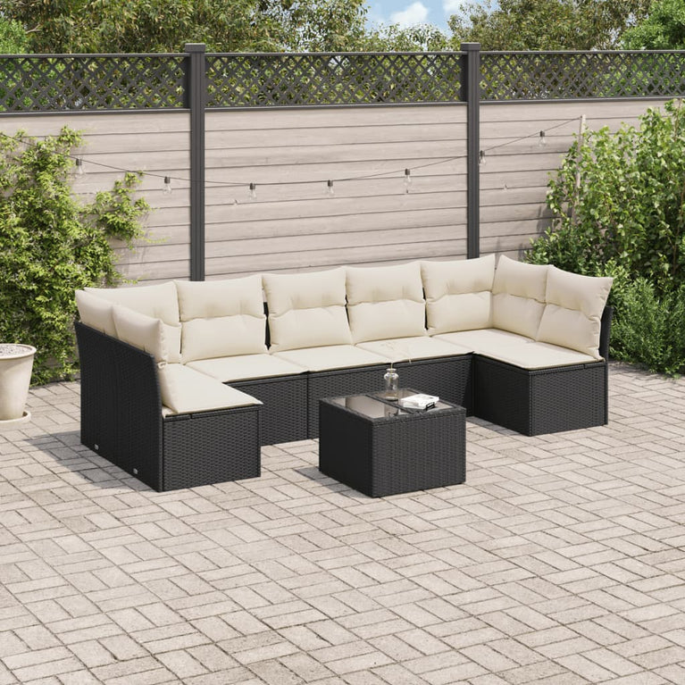 8-delige Loungeset met kussens poly rattan zwart