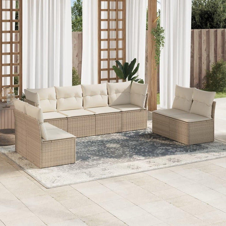 8-delige Loungeset met kussens poly rattan beige