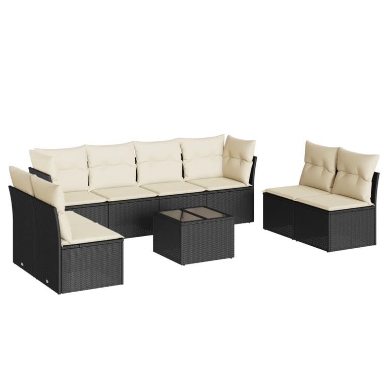 9-delige Loungeset met kussens poly rattan zwart