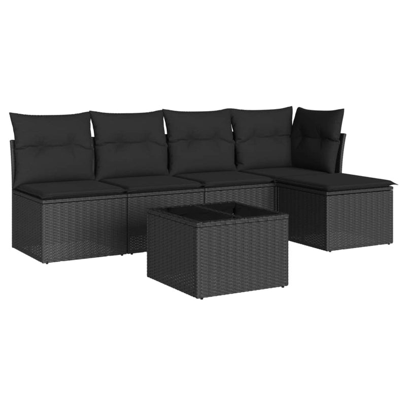 6-delige Loungeset met kussens poly rattan zwart