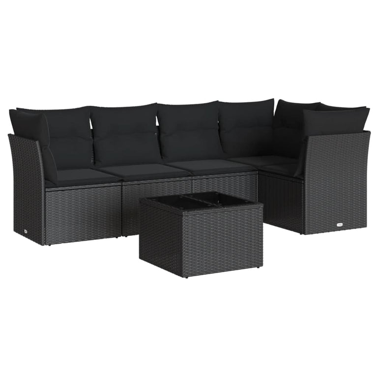 6-delige Loungeset met kussens poly rattan zwart