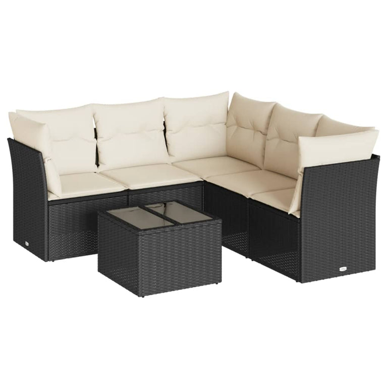 6-delige Loungeset met kussens poly rattan zwart