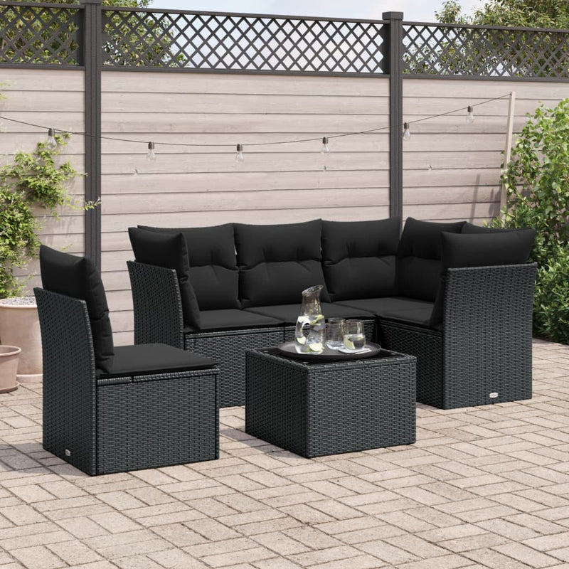 6-delige Loungeset met kussens poly rattan zwart