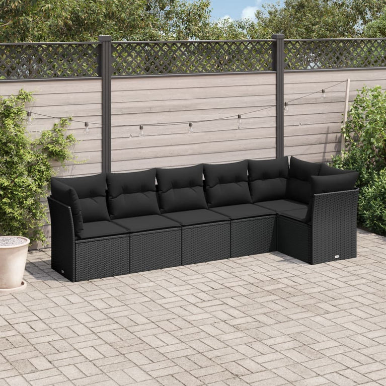 6-delige Loungeset met kussens poly rattan zwart