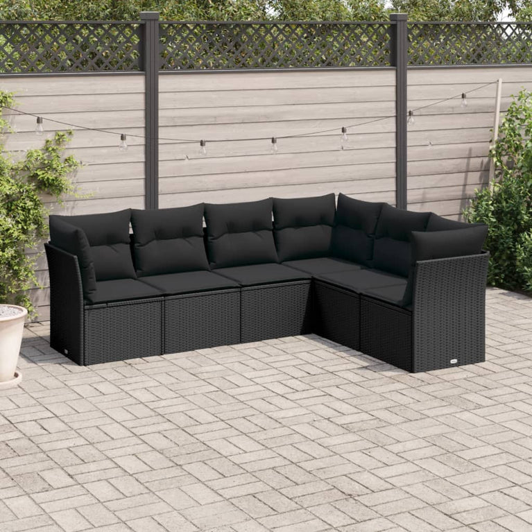 6-delige Loungeset met kussens poly rattan zwart