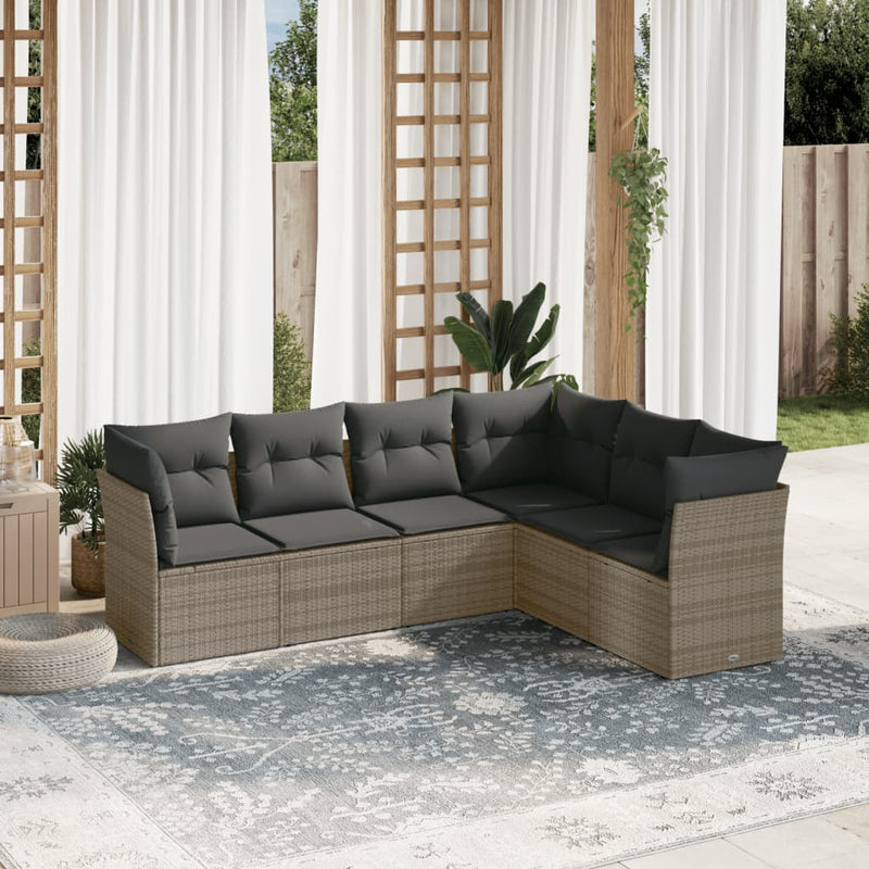 6-delige Loungeset met kussens poly rattan grijs