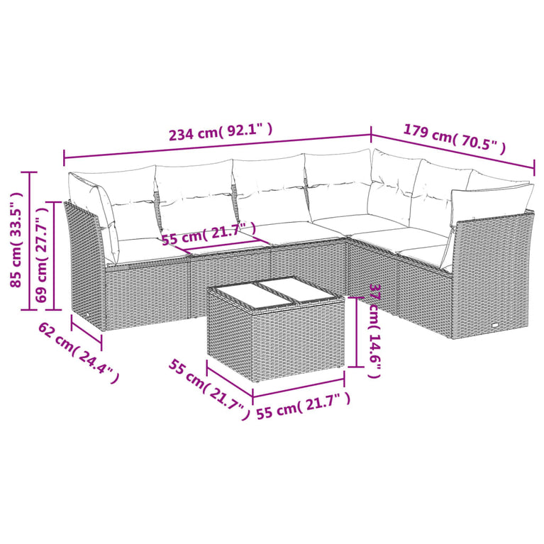 7-delige Loungeset met kussens poly rattan zwart