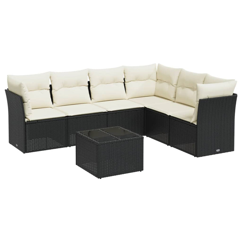 7-delige Loungeset met kussens poly rattan zwart