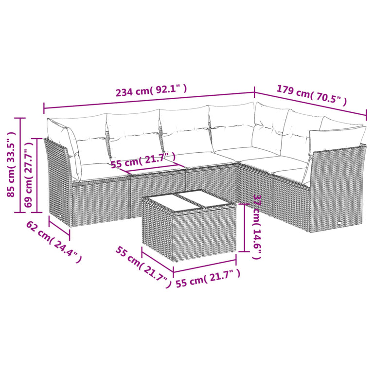 7-delige Loungeset met kussens poly rattan zwart