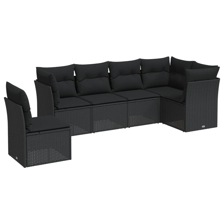 6-delige Loungeset met kussens poly rattan zwart