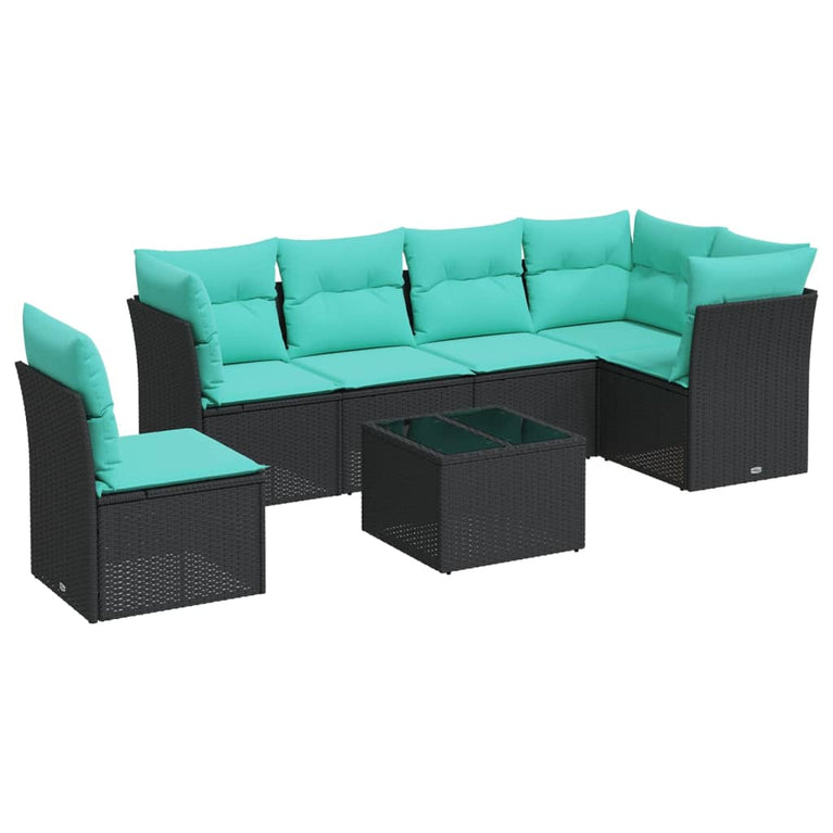 7-delige Loungeset met kussens poly rattan zwart