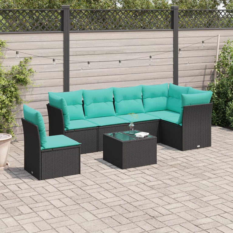 7-delige Loungeset met kussens poly rattan zwart