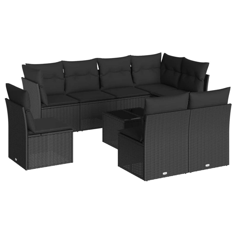 9-delige Loungeset met kussens poly rattan zwart