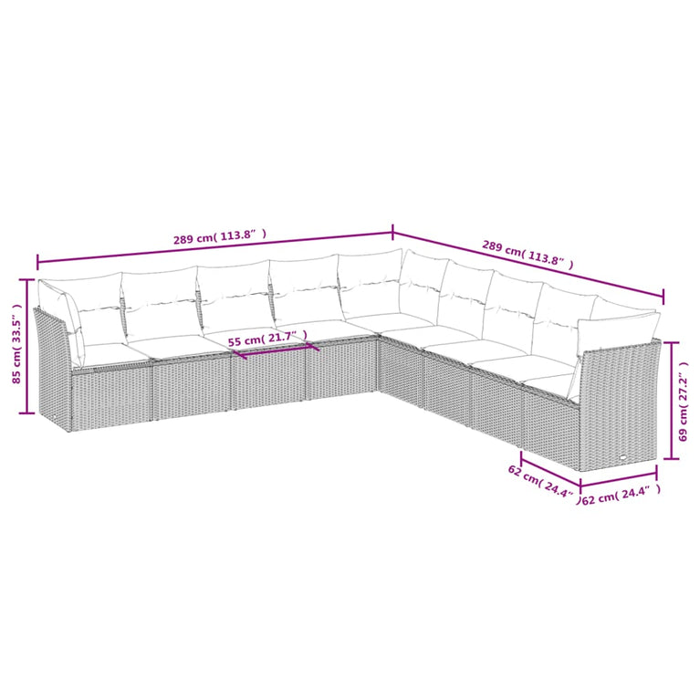 9-delige Loungeset met kussens poly rattan grijs