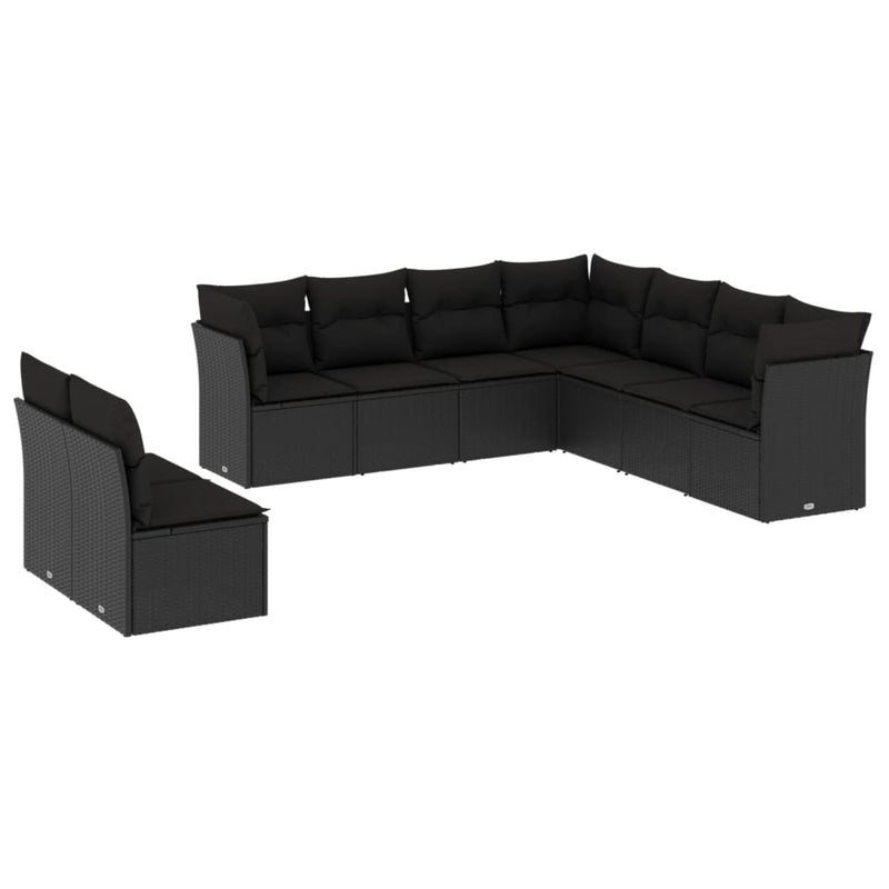 9-delige Loungeset met kussens poly rattan zwart