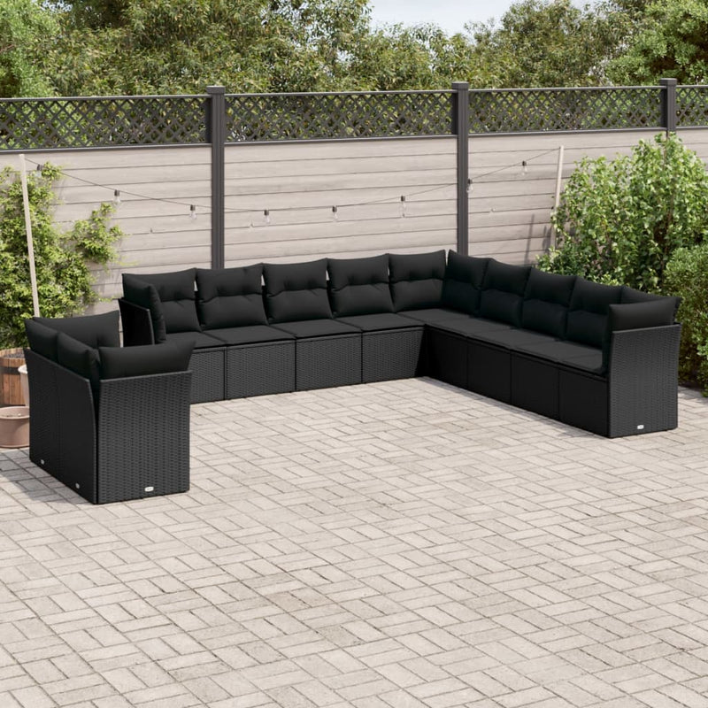11-delige Loungeset met kussens poly rattan zwart