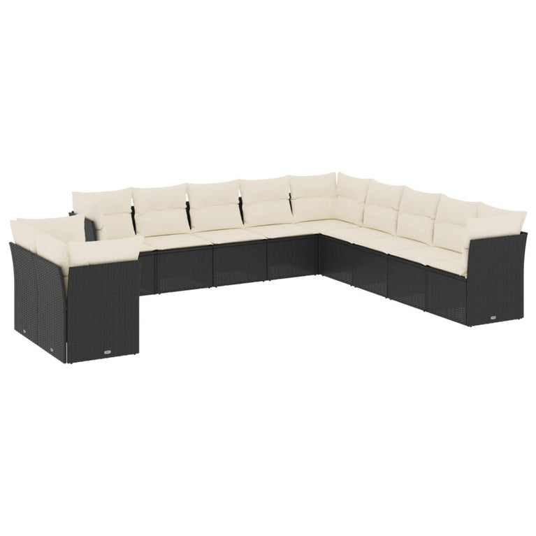 11-delige Loungeset met kussens poly rattan zwart