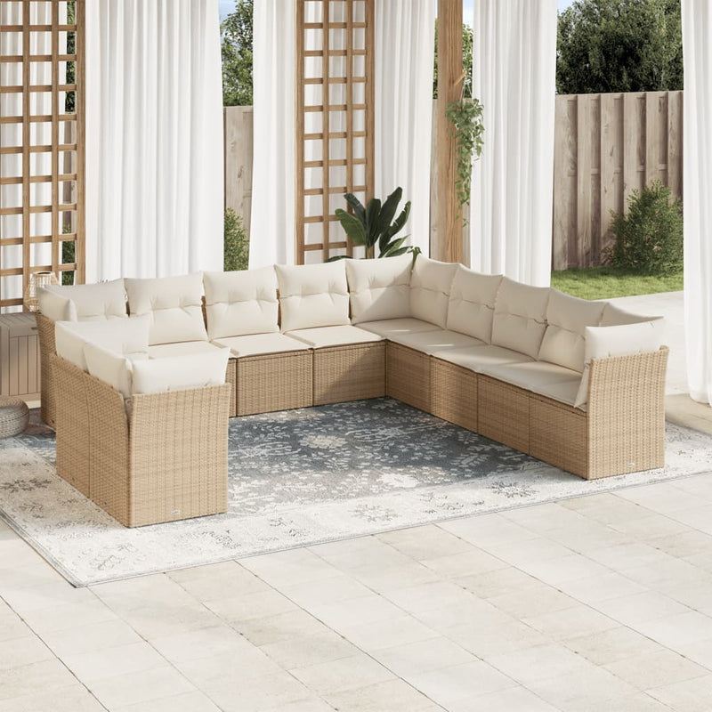 11-delige Tuinset met kussens poly rattan beige
