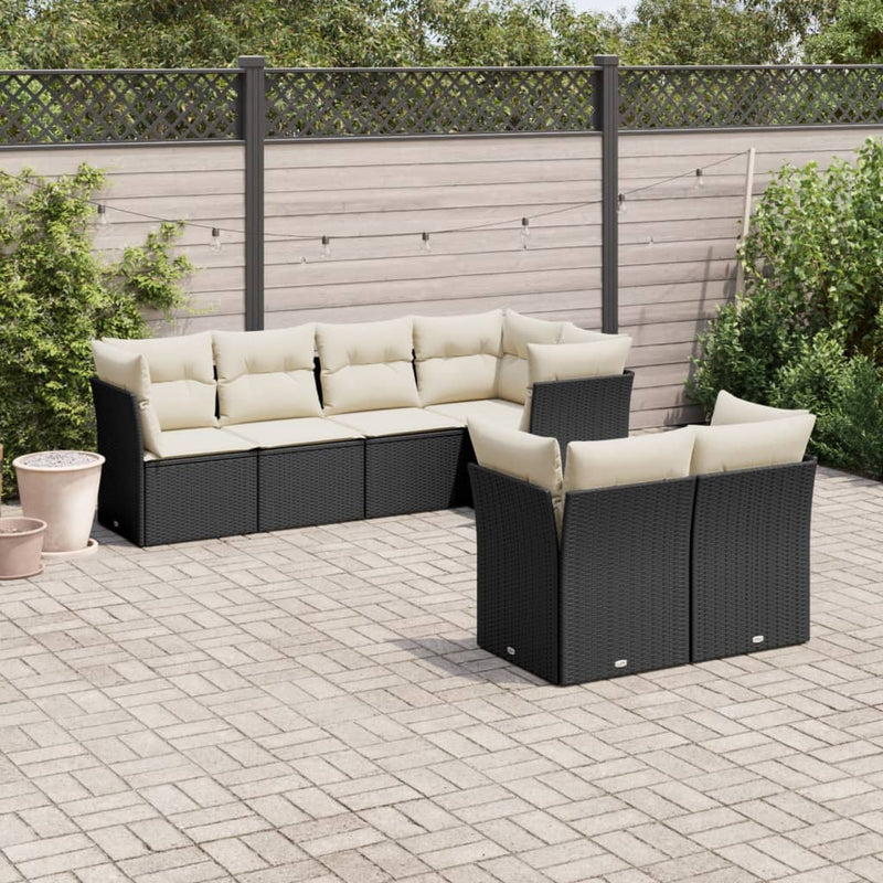 7-delige Loungeset met kussens poly rattan zwart