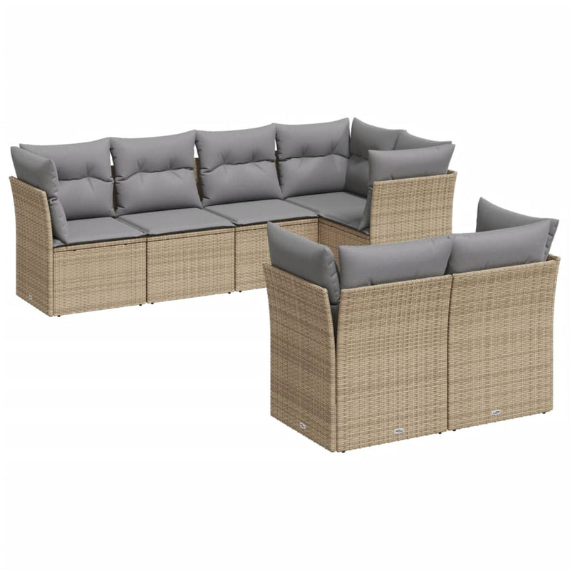 7-delige Loungeset met kussens poly rattan beige