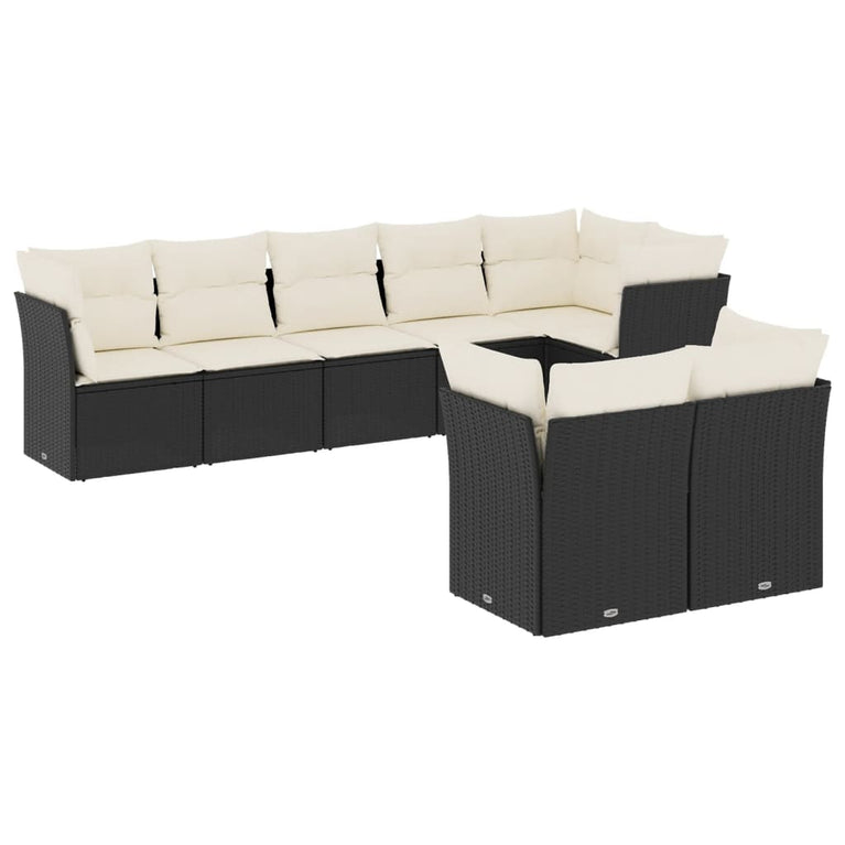 8-delige Loungeset met kussens poly rattan zwart