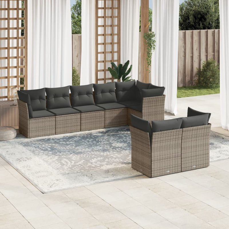 8-delige Loungeset met kussens poly rattan grijs