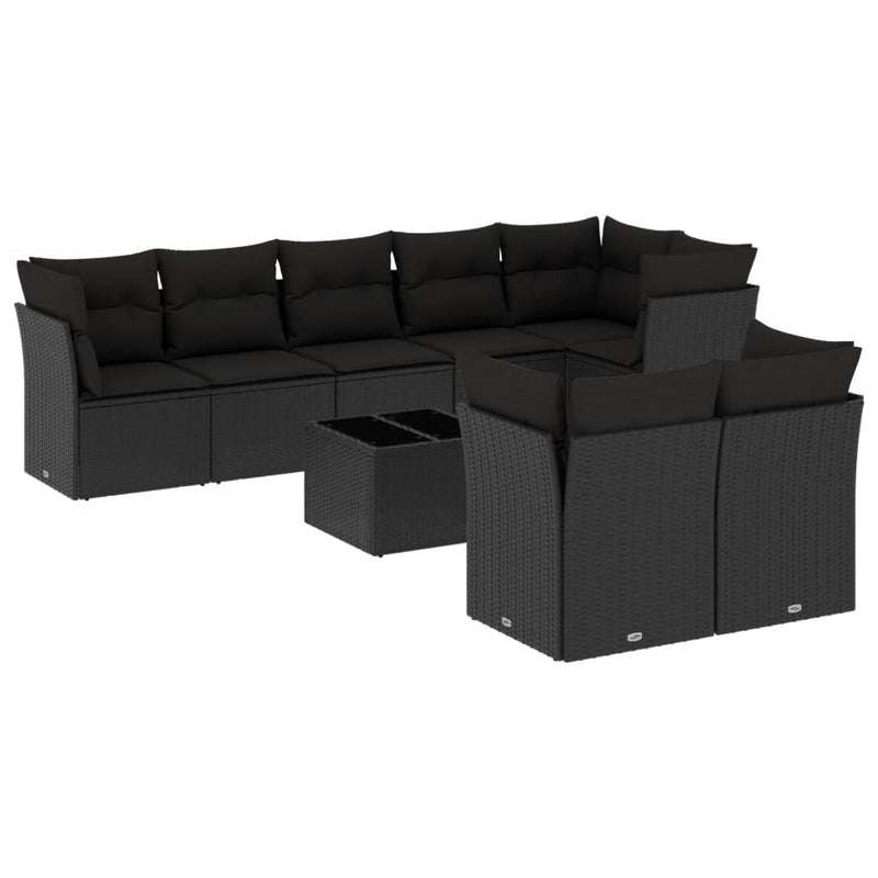 9-delige Loungeset met kussens poly rattan zwart