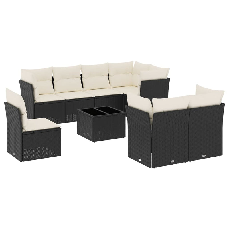 9-delige Loungeset met kussens poly rattan zwart