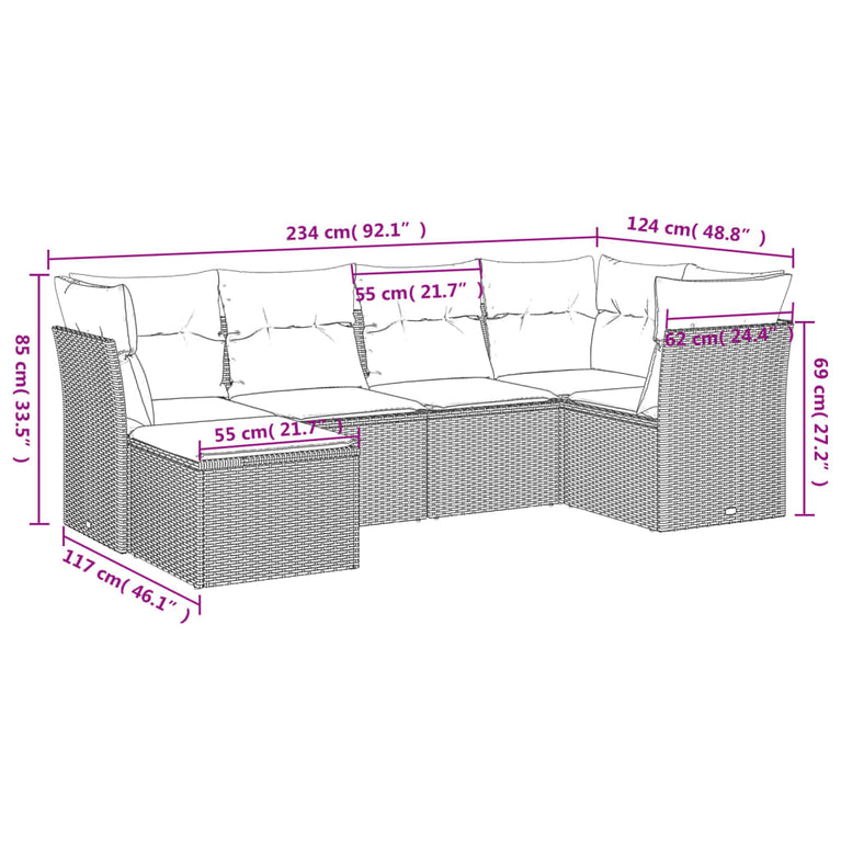 6-delige Loungeset met kussens poly rattan beige
