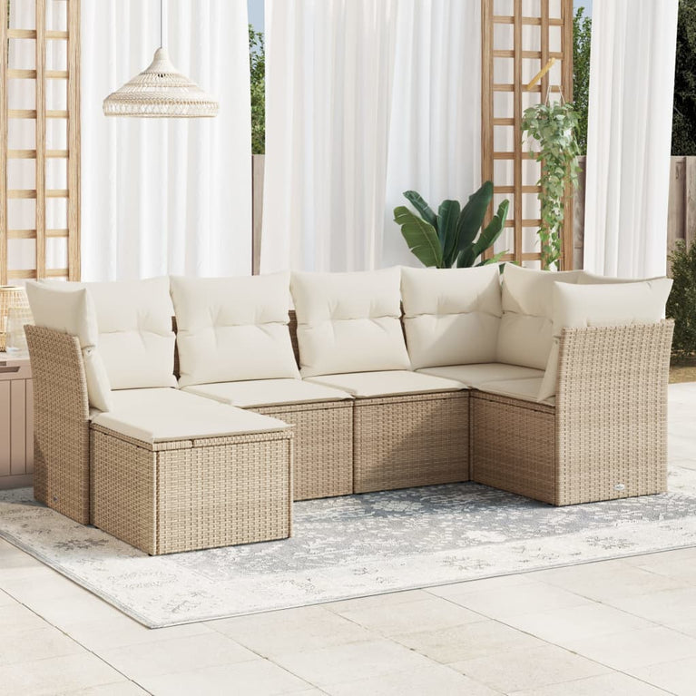 6-delige Loungeset met kussens poly rattan beige